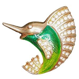 Swarovski Flying Fish Green Enamel Stamped Gold Tone Brooch Rhinestone